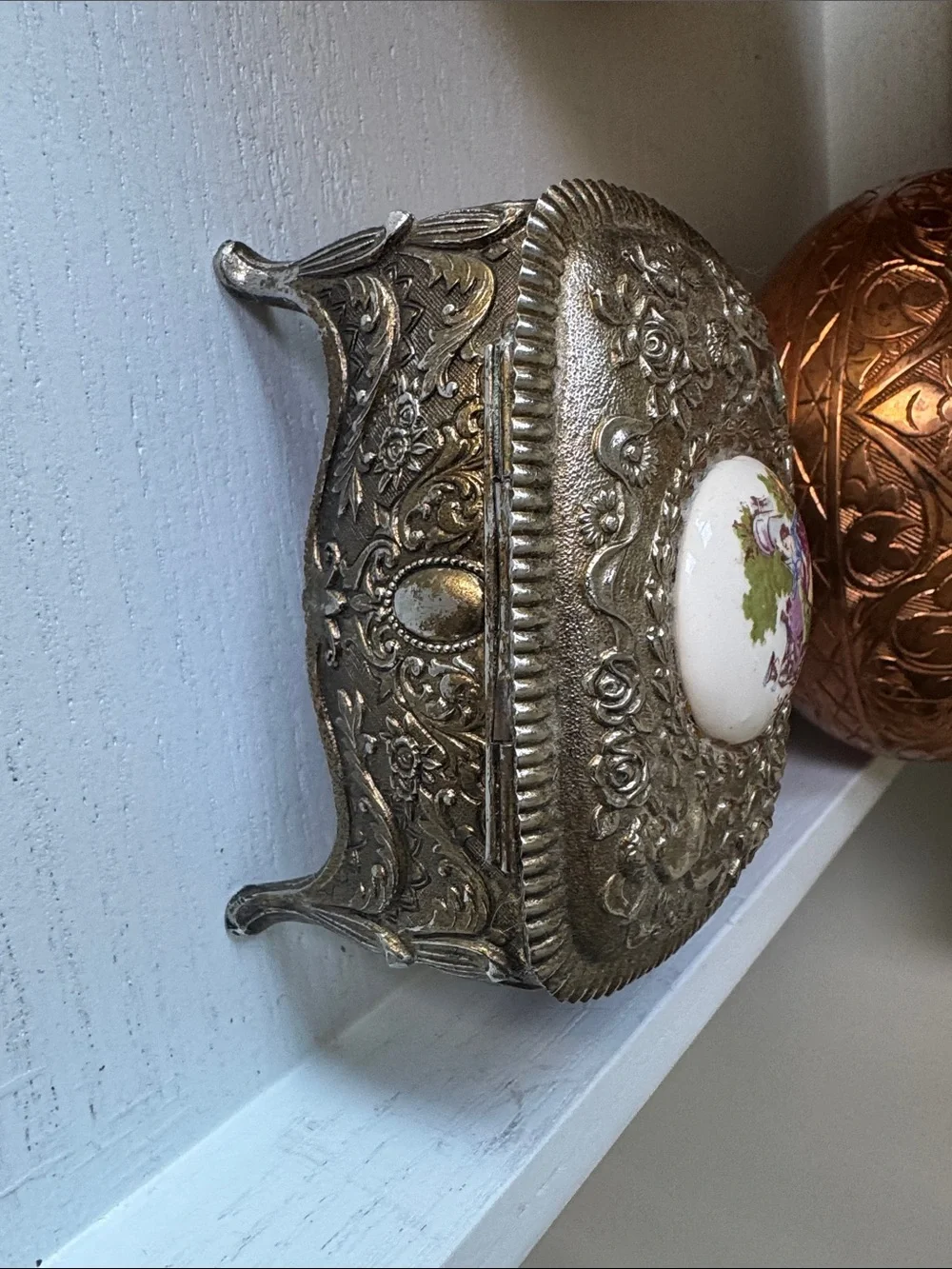 Farrington mid-century footed metal jewelry box.